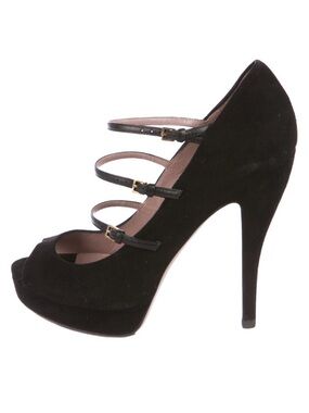 Gucci Black Suede Triple-Strap Peep-Toe Pumps